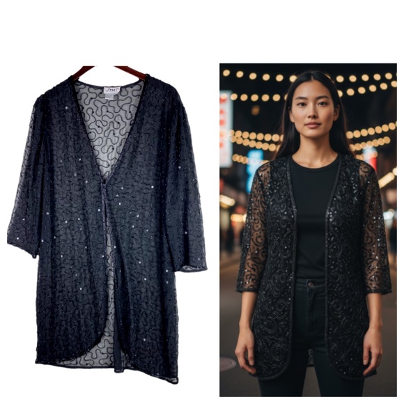JMD New York Jackets & Blazers - Vtg JMD NY XL 14 16 Jacket Shirt Top Black Beaded Elegant Party Cocktail Holiday